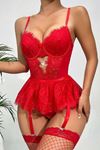 Sia Less Kırmızı Dantelli Etekli Babydoll Takım 16517